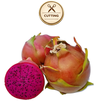 Three Shayna  dragon fruit fruits on a white background, with one cut open to show the bright magenta flesh and black seeds. A circular badge above reads 'CUTTING' with scissors icon.