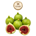 Five green figs on a white background, with two figs cut open to show the red-purple inner flesh. A circular 'CUTTING' icon appears above the fruit.