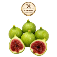 Five green figs on a white background, with two figs cut open to show the red-purple inner flesh. A circular 'CUTTING' icon appears above the fruit.