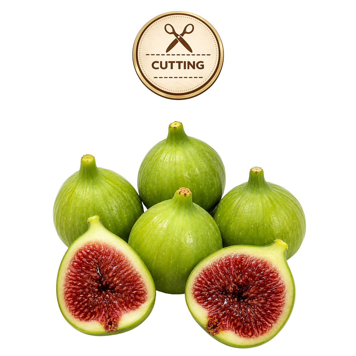 Five green figs on a white background, with two figs cut open to show the red-purple inner flesh. A circular 'CUTTING' icon appears above the fruit.