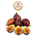 Six fresh figs, including three whole figs and three halved figs showing the golden-brown inner flesh, arranged on a white background with a circular 'CUTTING' icon badge above them.