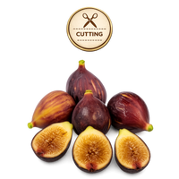 Six fresh figs, including three whole figs and three halved figs showing the golden-brown inner flesh, arranged on a white background with a circular 'CUTTING' icon badge above them.