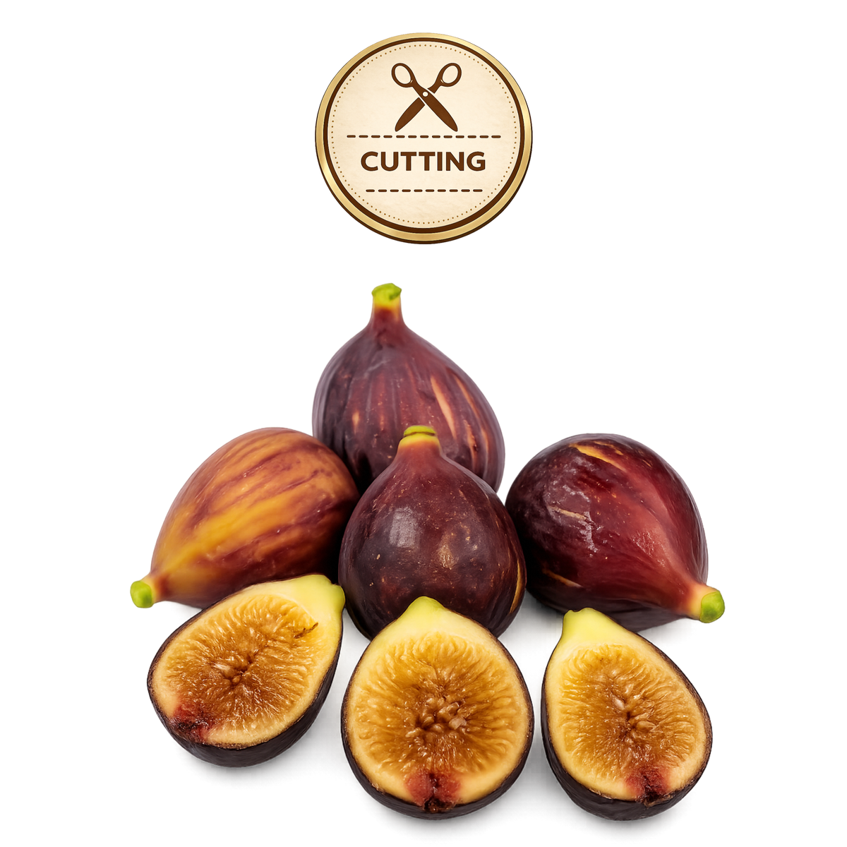 Six fresh figs, including three whole figs and three halved figs showing the golden-brown inner flesh, arranged on a white background with a circular 'CUTTING' icon badge above them.