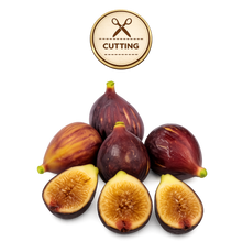 تحميل الصورة في عارض المعرض، Six fresh figs, including three whole figs and three halved figs showing the golden-brown inner flesh, arranged on a white background with a circular 'CUTTING' icon badge above them.
