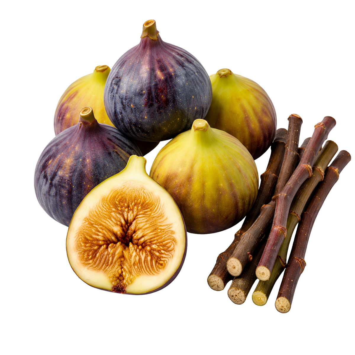 A cluster of whole and halved figs with several brown fig stems on a plain white background.
