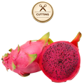 A whole and halved dragon fruit on a white background, with a circular 'CUTTING' icon above it. The fruit has a bright pink skin and a deep magenta-red interior with black seeds.