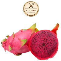 A whole and halved dragon fruit on a white background, with a circular 'CUTTING' icon above it. The fruit has a bright pink skin and a deep magenta-red interior with black seeds.