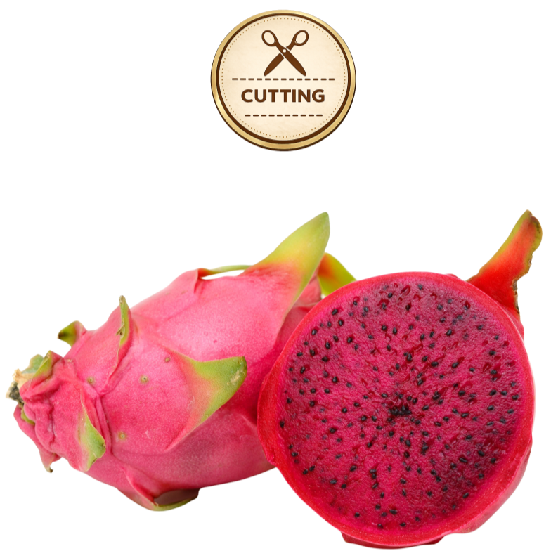 A whole and halved dragon fruit on a white background, with a circular 'CUTTING' icon above it. The fruit has a bright pink skin and a deep magenta-red interior with black seeds.