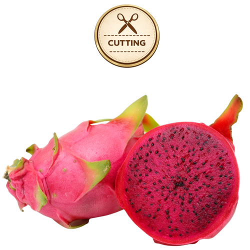 A whole and halved dragon fruit on a white background, with a circular 'CUTTING' icon above it. The fruit has a bright pink skin and a deep magenta-red interior with black seeds.