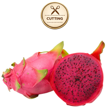 تحميل الصورة في عارض المعرض، A whole and halved dragon fruit on a white background, with a circular 'CUTTING' icon above it. The fruit has a bright pink skin and a deep magenta-red interior with black seeds.
