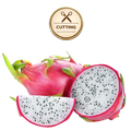 Dragon fruit shown whole and sliced, with bright pink skin and white flesh dotted with small black seeds. A round gold badge at the top reads 'CUTTING' with a scissors icon, on a plain white background.