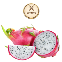Dragon fruit shown whole and sliced, with bright pink skin and white flesh dotted with small black seeds. A round gold badge at the top reads 'CUTTING' with a scissors icon, on a plain white background.