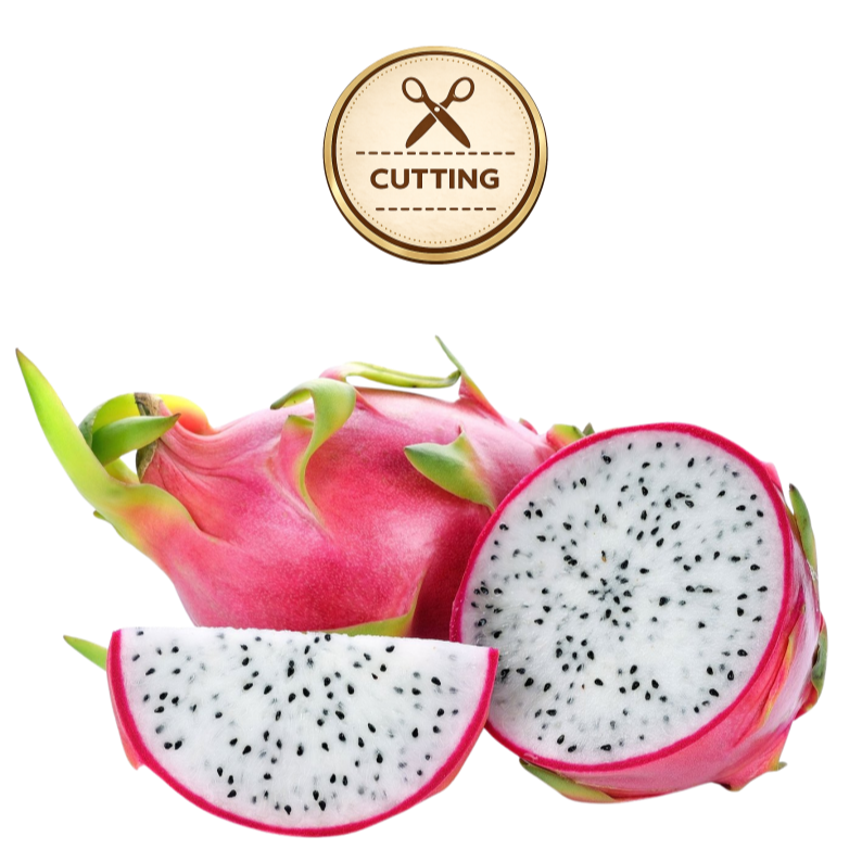 Dragon fruit shown whole and sliced, with bright pink skin and white flesh dotted with small black seeds. A round gold badge at the top reads 'CUTTING' with a scissors icon, on a plain white background.