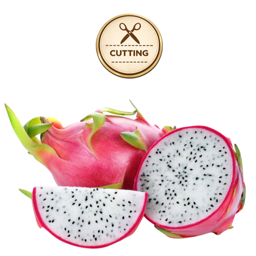 Dragon fruit shown whole and sliced, with bright pink skin and white flesh dotted with small black seeds. A round gold badge at the top reads 'CUTTING' with a scissors icon, on a plain white background.
