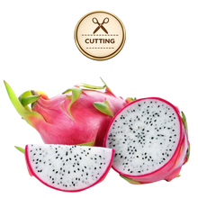 تحميل الصورة في عارض المعرض، Dragon fruit shown whole and sliced, with bright pink skin and white flesh dotted with small black seeds. A round gold badge at the top reads 'CUTTING' with a scissors icon, on a plain white background.
