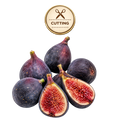 A cluster of fresh figs, including two halves cut open to show the pinkish-red seeds, with a circular gold 'CUTTING' icon above them on a white background.