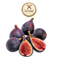 A cluster of fresh figs, including two halves cut open to show the pinkish-red seeds, with a circular gold 'CUTTING' icon above them on a white background.