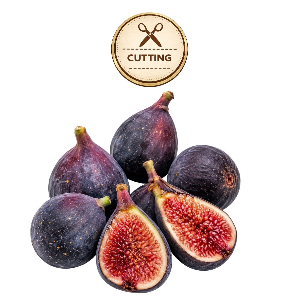 A cluster of fresh figs, including two halves cut open to show the pinkish-red seeds, with a circular gold 'CUTTING' icon above them on a white background.