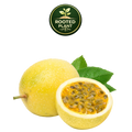 A yellow passion fruit shown whole and halved to reveal its black seeds and orange-yellow pulp, with green leaves, on a white background. A circular 'Rooted Plant' logo is displayed at the top.