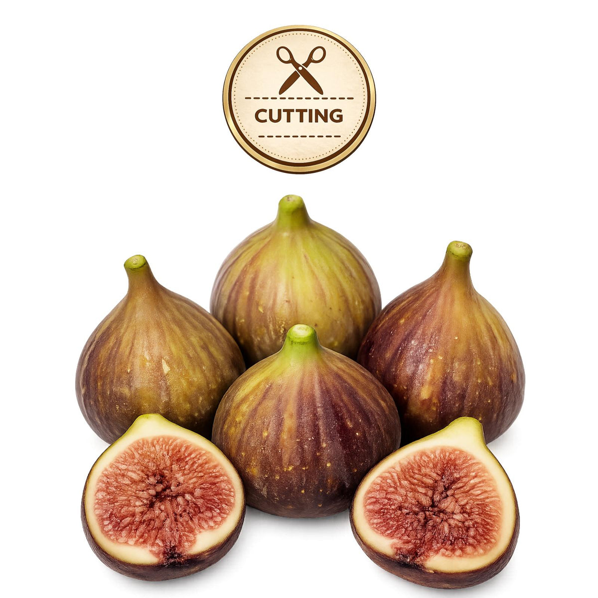 Five whole and two halved figs arranged on a white background, with a circular 'CUTTING' icon above them. The figs show brown-purple skins and pinkish-red interiors.