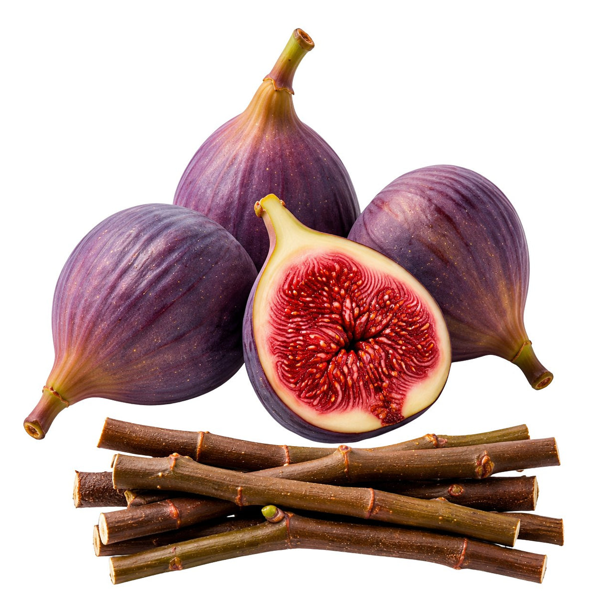 Four purple figs on a white background, with one fig cut in half to show the red-pink interior, and several brown fig stems arranged in front.