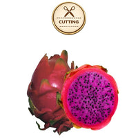 A whole and halved haleys commit dragon fruit on a white background, with a circular 'CUTTING' icon above it. The fruit has a reddish-pink skin and bright magenta-purple flesh with many small black seeds.