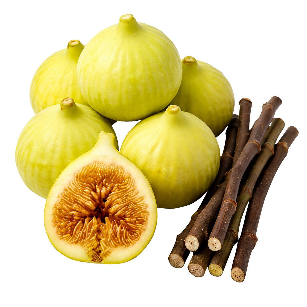 Fresh green figs with one cut open to show the orange-brown interior, alongside several dark brown fig stems, isolated on a white background.