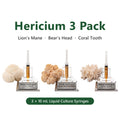 Hericium 3 Pack of liquid culture syringes: Lion's Mane, Bear's Head and Coral Tooth, each beside a labeled 10 mL syringe.