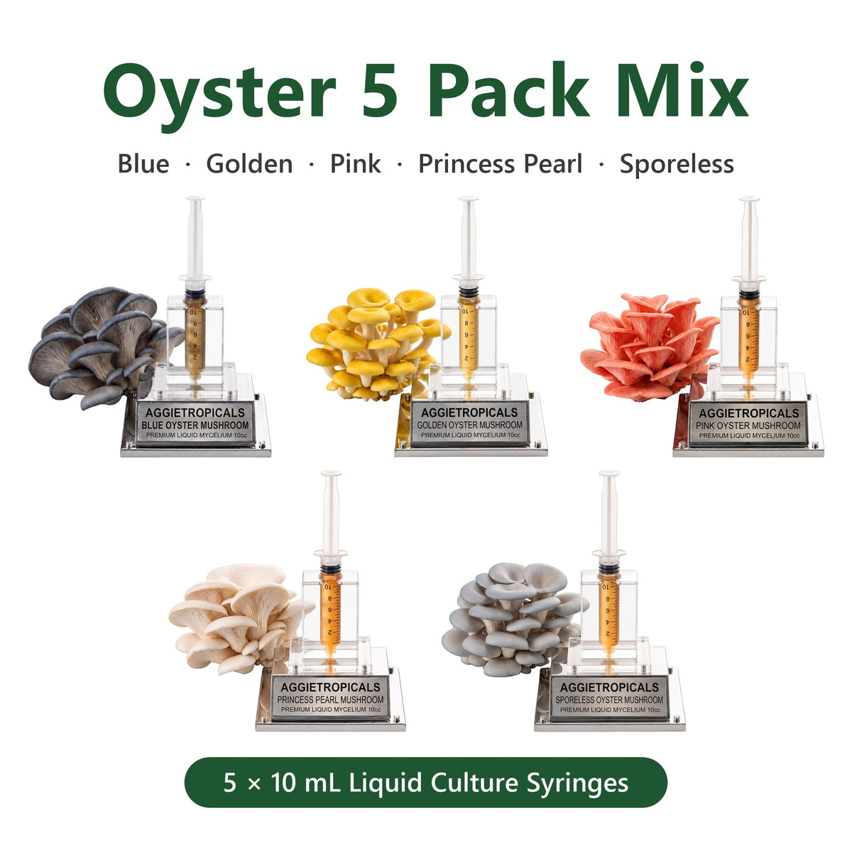 Oyster 5 Pack Mix of liquid culture syringes: Blue, Golden, Pink, Princess Pearl and Sporeless Oyster, each beside a labeled 10 mL syringe.