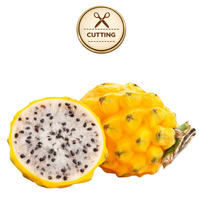 A yellow dragon fruit, shown both whole and halved to reveal a white flesh with black seeds, isolated on a white background with a 'CUTTING' stamp graphic above.