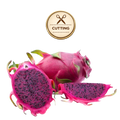 Three purple haze dragon fruit pieces on a white background: one whole fruit, one sliced open showing dark purple flesh with black seeds, and one thick slice. A circular gold badge above reads 'CUTTING' with scissors icon.