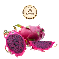 Three purple haze dragon fruit pieces on a white background: one whole fruit, one sliced open showing dark purple flesh with black seeds, and one thick slice. A circular gold badge above reads 'CUTTING' with scissors icon.