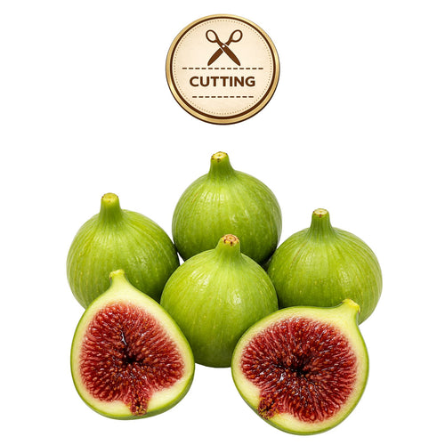 Five green figs on a white background, with two figs cut open to show the red-purple inner flesh. A circular 'CUTTING' icon appears above the fruit.