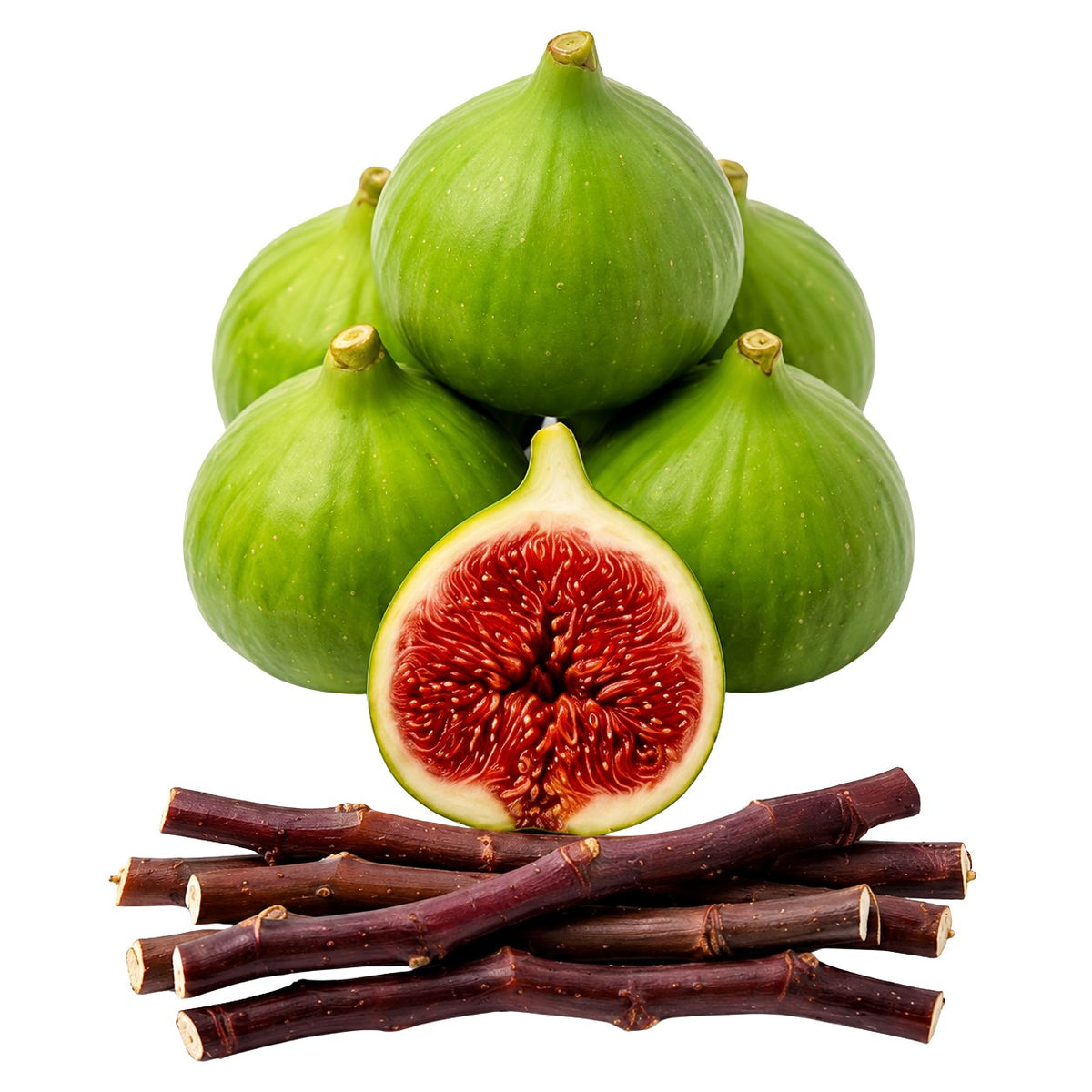 Green whole and halved figs with dark reddish-brown fig stalks arranged on a white background.