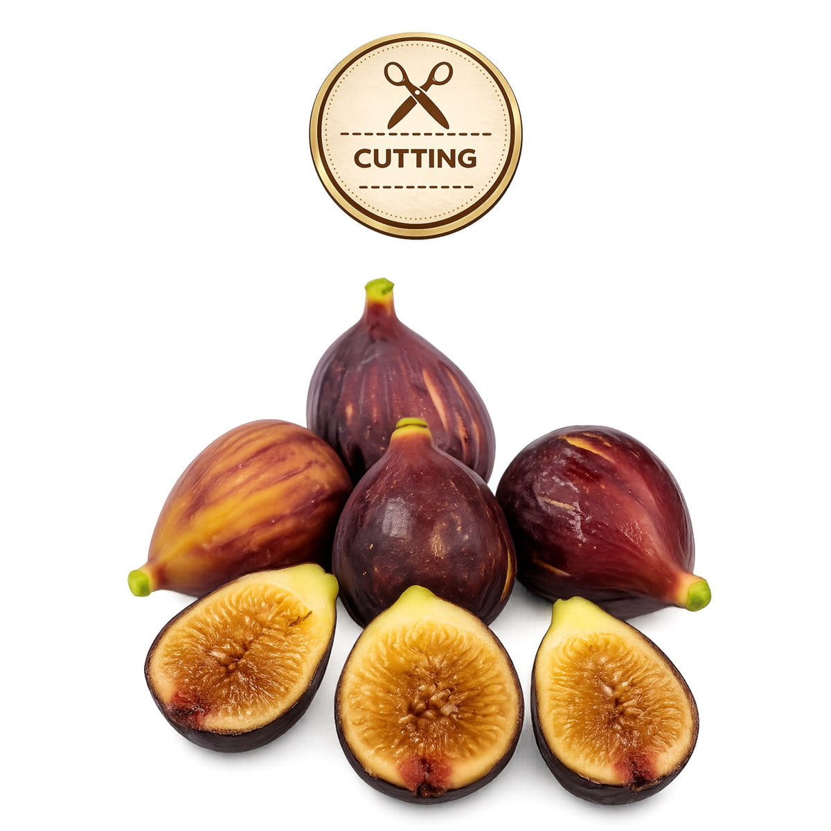Six fresh figs, including three whole figs and three halved figs showing the golden-brown inner flesh, arranged on a white background with a circular 'CUTTING' icon badge above them.