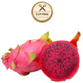 A whole and halved dragon fruit on a white background, with a circular 'CUTTING' icon above it. The fruit has a bright pink skin and a deep magenta-red interior with black seeds.