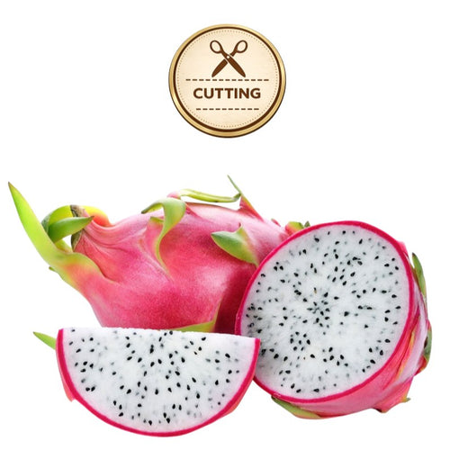 Dragon fruit shown whole and sliced, with bright pink skin and white flesh dotted with small black seeds. A round gold badge at the top reads 'CUTTING' with a scissors icon, on a plain white background.