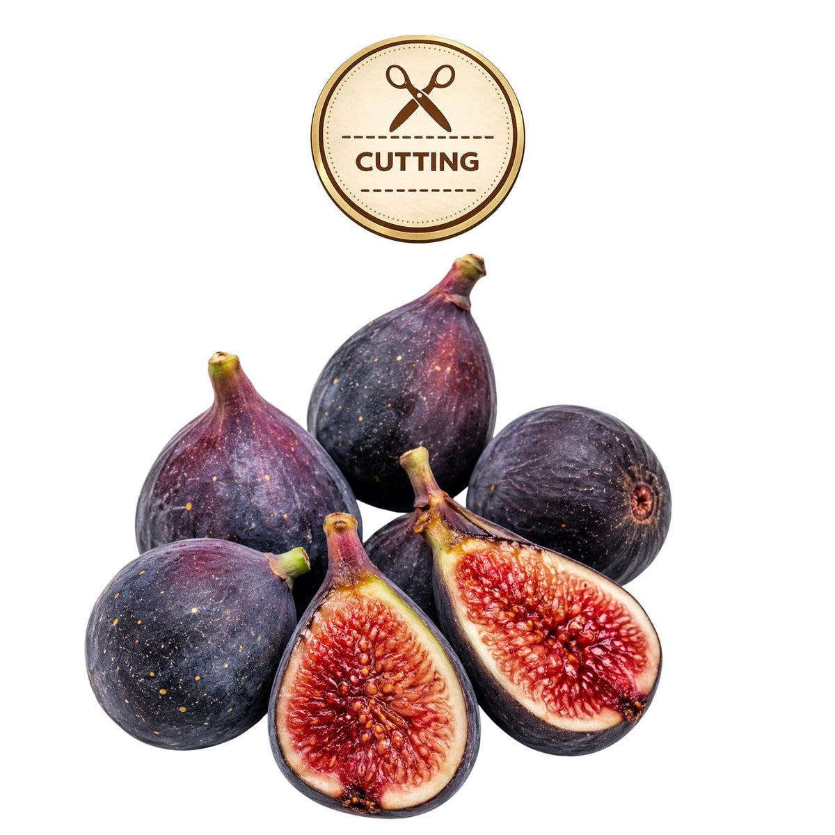 A cluster of fresh figs, including two halves cut open to show the pinkish-red seeds, with a circular gold 'CUTTING' icon above them on a white background.